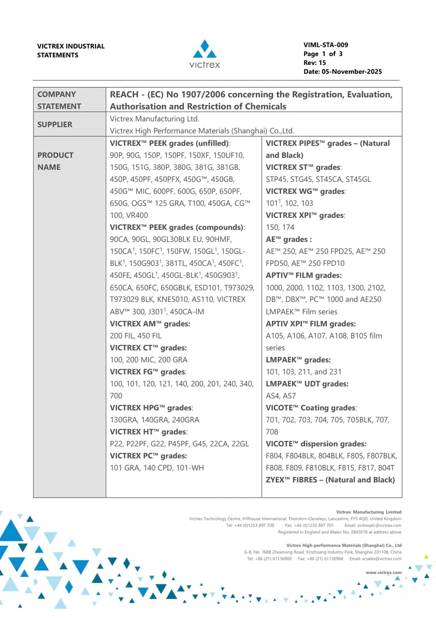 First-page preview of EU 1907-2006 Victrex R14 REACH Compliance Report