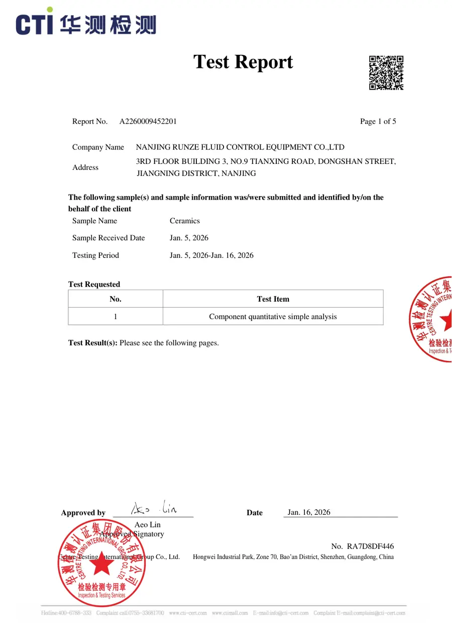 First-page preview of Ceramic Material Composition Analysis Material or Test Report