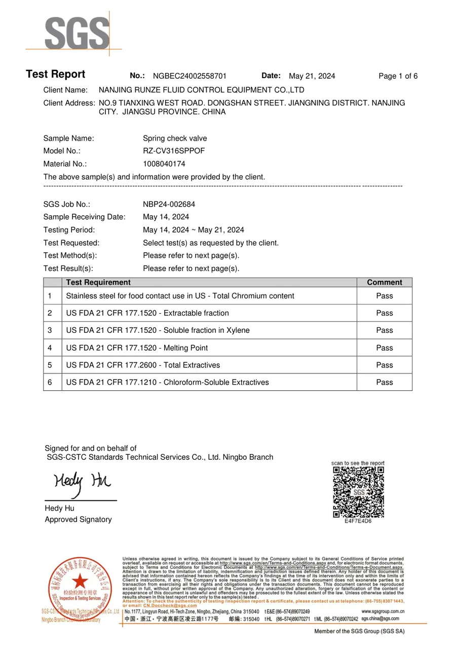 First-page preview of Check Valve English FDA Compliance Report