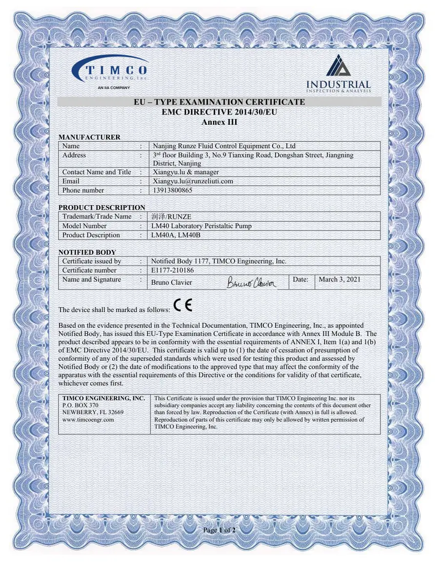 First-page preview of LM40 CE Certificate