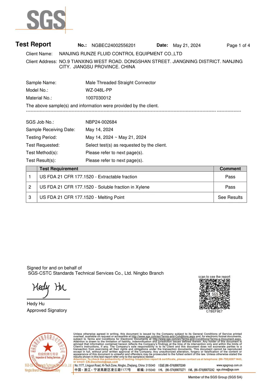 First-page preview of Male Threaded Fitting English FDA Compliance Report