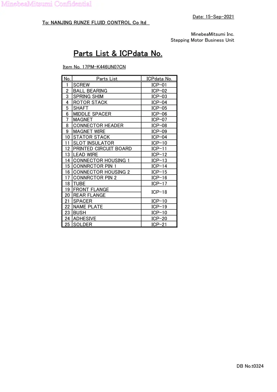 First-page preview of 42 Stepper Motor Component List and Data List RoHS ICP Report