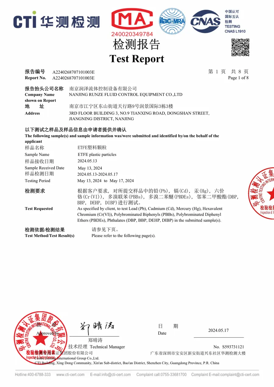 First-page preview of ETFE Polymer Material RoHS Compliance Report