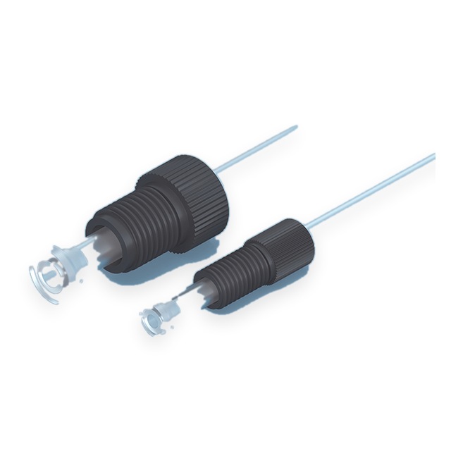 PEEK fluidic fittings shown at a three-quarter angle