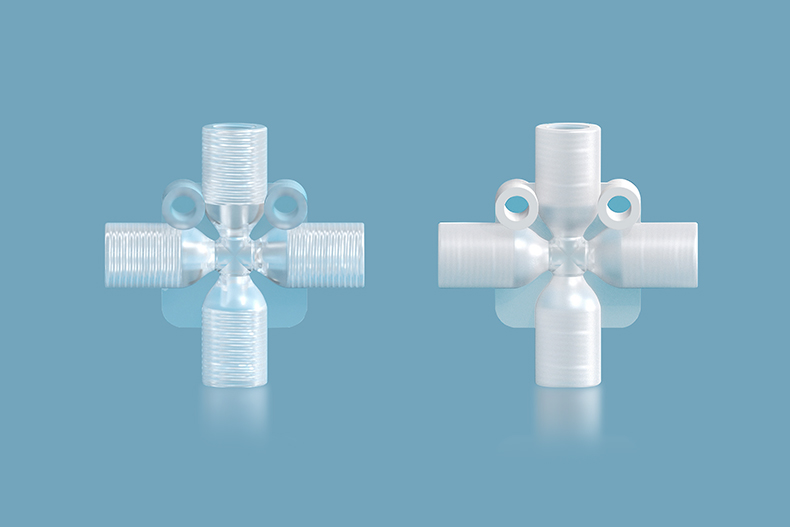 Runze molded fluidic cross fittings illustrating custom connection geometry